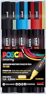 POSCA, UNI, Caneta Marcador PC-5M, Ponta Média, traço de 2,5mm a 6,8mm, Estojo 6 Cores