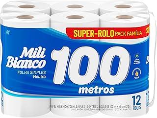 Mili Papel Higiênico Folha Simples Bianco Neutro, Picotado e Texturizado, 12 Rolos de 100 metros