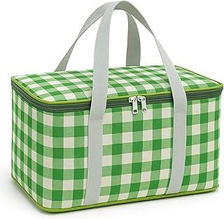 Cesta de Piquenique Térmica com Alça Bolsa Cooler Dobrável Isolamento Térmico Ideal para Picnic Passeios Camping Praia Mantém Frio e Quente com Zíper Duplo Grande Capacidade (Xadrez Verde)
