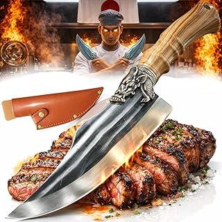 Cutelo De Corte Profissional Forjado a Mão em Aço Inoxidável Full Tang Faca de Churrasco Artesanal Cabo polimero de Carvalho 27,5cm com Bainha de Couro para Sobrevivência Acampamento e Cozinha Gourmet.