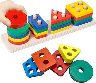 Brinquedo Educativo de Madeira Montessori, 4 Formas Geométricas Coloridas, Base com Pinos, Coordenação Motora e Desenvolvimento Infantil