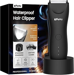 ENSSU Body Trimmer para homens, aparador elétrico para a virilha com lâmina cerâmica segura para a pele, à prova d'água para peito, barba e pelos pubianos, com base de recarga (Preto)