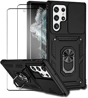 Capa para Samsung Galaxy S22 Ultra Capinha | com 2 peças de protetor de tela temperado com janela deslizante da câmera e suporte para telefone incluídos - Preto