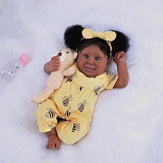 Boneca Bebê Reborn Preto Realista Menina Boneca Reborn Negra Cabelo Implantado Olhos Azuis com Acessórios 48cm