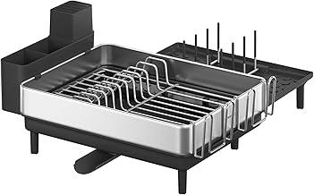 SONGMICS Escorredor de Louça, Suporte de Secagem de Louças Expansível para Cozinha, Aço Inoxidável, Bico Extensível, Porta Talheres, Copos e Tábua de Corte, Prata e Preto BRKCS037B01