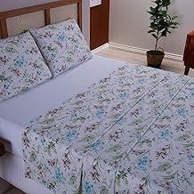 KIT LENÇOL COMPLETO 4 PEÇAS CAMA CASAL PADRÃO PERCAL 400 FIOS COM LENÇOL DE ELÁSTICO LISO 1,90M X 1,40M (Flores Verde)