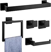 Kit Acessórios para Banheiro 5 Peças Preto Fosco, Aço Inox Premium Luxo, Conjunto Toalheiro Parede, Barra Toalha 40cm, Argola Toalha, Suporte Papel, 2 Ganchos Banho