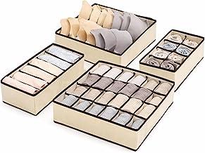 Kit 4 Organizadores de Gaveta em TNT Bege com 24, 8, 7 e 6 Divisórias – Caixas Dobráveis para Roupas Íntimas, Meias, Sutiãs para Guarda-Roupas e Armários