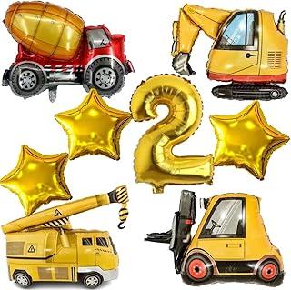 Kit 4 Balões Metalizados Construção, Guindaste, Retroescavadeira, Empilhadeira, Betoneira + 3 Estrelas + Número Gigante (Dourado (2))