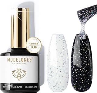 modelones Top coat de gel com glitter, mistura de prata iridescente reflexiva, glitter, esmalte de gel transparente, sem limpeza, confetes brilhantes, brilhantes, de longa duração, arco-íris com 10% de desconto por R$ 35,99 na amazon