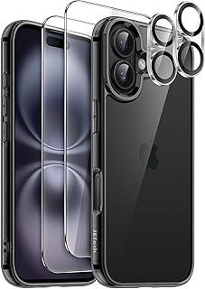 JETech 5 em 1 Capa para iPhone 16 6,1 Polegadas com 2 Película Protetores de Tela de Vidro Temperado e Protetores de Lente de Câmera, Case de Telefone à Prova de Choque que Não Amarela (Preto)