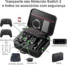 Bolsa de Transporte Compatível Com Nintendo Switch 2 (2025), Case Rígido Grande com Compartimentos para 2 Controles Pro, Joy-Con, Dock, Cartões de Jogos, Preto, 36x28,5x13cm