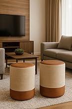 Kit 2 Puff Plus Banquinho Redondo Decorativo em Linho Base e Tampo Courino Bege/Caramelo - PC MÓVEIS