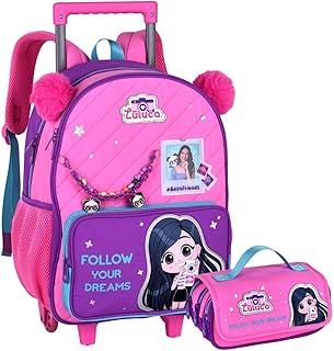 Kit Material Escolar Infantil Luluca, Mochila com Rodinhas, Alça Telescópica, Estojo C/Compartimentos, P/Crianças Estudo Menina (Kit Material Escolar Luluca)