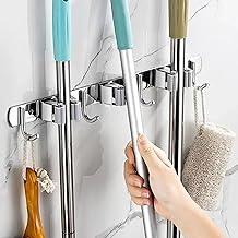 Suporte Porta Vassoura e Rodo Inox - Organização 7 em 1, Durável e Fácil Instalar Com ou Sem Furos - Lavanderia, Interior de Armário.