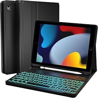 Capa iPad 7a, 8a e 9a Geração 10.2'' com Teclado e Compart para Pencil, Ajustável em 3 ângulos e Retroiluminação em 7 cores RGB, Antichoque