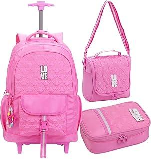 Kit Material Escolar Completo com Mochila de Rodinhas, Lancheira Térmica e Estojo Box 100 Pens, Compartimento para Notebook, Alça Telescópica, P/Meninas Juvenil