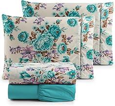 Jogo de Lençol 4 Peças Ponto Palito Percal 180 Fios Algodão Estampado Vários Tamanhos (Floral Turqueza, Queen)