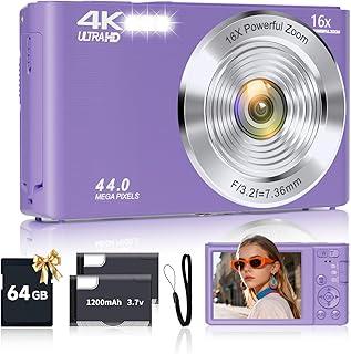 SMARTKLIK Câmera Digital Roxa FHD 4K 44MP com Cartão SD de 64 GB, Zoom Digital de 16x, Câmera para Adolescentes e Crianças