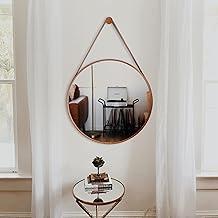 Espelho De Banheiro Decorativo Redondo 50cm com Alça em Couro Caramelo com Pino de Fixação na Parede