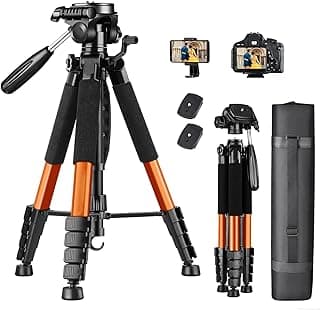 Tripé profissional para câmeras, ajustável em 360°, com alcance de 48 cm a 187 cm, suporte universal para celulares/DSLRs/GoPros, Capacidade de peso: 3-6,8 kg (preto e dourado)