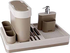 Kit Pia Flat, 3 Peças, Escorredor, Dispenser e Lixeira, Warm Gray e Light Gray, Coza