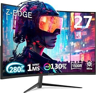 Monitor Gamer Curvo 27 polegadas Z-Edge, FHD 1080P 280Hz 1500R, monitor MPRT ultrarrápido de 1 ms,16,7 milhões de cores, 2 x DP 1.2/2 x HDMI 2.0, Ajuste de Inclinação, Suporte VESA, Sem Bordas