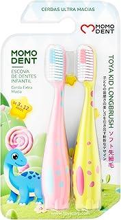 MOMODENT Escova de Dentes Infantil 2 Unidades, Para 3-12 Anos, Cerdas Ultramacias, Cabeça Longa, Design Colorido com Dinossauro Divertido, Protege a Gengiva, Cabo Ergonômico (Rosa/Verde)