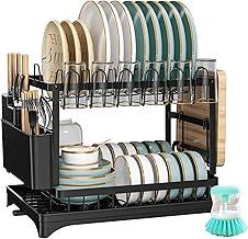 Escorredor de Louça Inox para Balcão de Cozinha 2 Andares com Bandeja Removível, Porta-Talheres e Escova de Limpeza - Organizador Modular de Aço Inoxidável Grande (Preto)