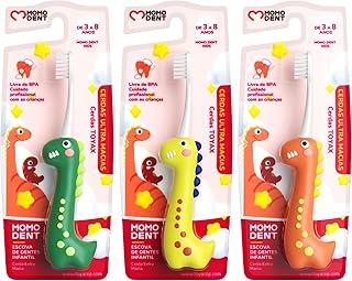 MOMODENT Escova de Dente Infantil Dinossauro - Cerdas Super Macias, Cabo Ergonômico, Para Crianças de 3 a 8 Anos, Compacta e Portátil (Verde+Amarelo+Laranja(3 unidades))