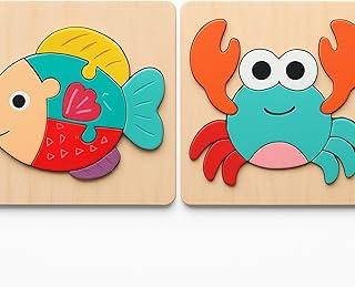 Kit com 2 Mini Quebra-Cabeças 3D em Madeira, Animais e Veículos, Brinquedo Montessori Educativo Infantil, Cognição, Raciocínio e Aprendizagem Precoce (Peixe e Carangueijo)