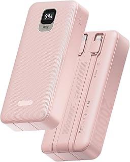 Basike Power Bank, Carregador Portátil Universal 20000mAh, USB-A(até 22.5W)+USB-C(até PD20W), com 2 Cabos Integrados (USB-C, Lightning) Carregamento Rápido (Rosa)