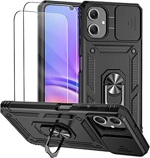 Capa para Samsung Galaxy A06 Capinha | com 2 peças de protetor de tela temperado com janela deslizante da câmera e suporte para telefone incluídos - Preto
