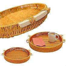 Bandeja Tramada Redonda 34x5 cm com Alça de Bambu – Multiuso e Decorativa (Caramelo)