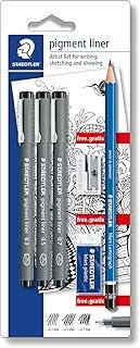 Kit Técnico Artístico, Staedtler, 308 SBK3P, 3 Canetas Pigment Liner + Lápis Mars Luminograph 2B + Borracha + Apontador