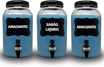 KIT LAVANDERIA 3 POTES COM TORNEIRA PARA SABÃO LIQUIDO, AMACIANTE E ALVEJANTE, AMBOS COM 3 LITROS COM LOUSA E GIZ