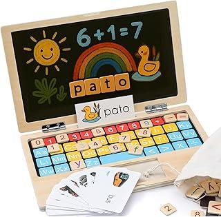 Laptop de Madeira Educativo Infantil 11.8” | Brinquedo Interativo Montessoriana com Letras, Números, Cartões e Lousa | Brinquedo de Alfabetização e Cálculo para Crianças 3+ Anos
