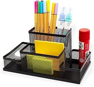 Porta Lápis Organizador de Mesa em Metal Aramado com 4 Divisórias – Porta Caneta Porta Treco Organizador Escritório e Home Office, Suporte para Material Escolar Preto Compacto
