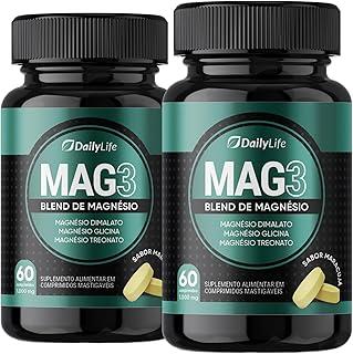 Kit 2x Magnesio Mag 3 Dimalato Treonato Glicina Magnesium 1000mg 100% Puro 60 Comprimidos Mastigaveis Sem Glúten Sabor Maracujá