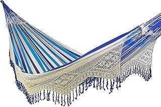 Rede de Dormir e Descanso Duquesa Casal Extra Varanda Crochê 100% Algodão Jaguaruana. (Azul e Bege)