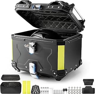 Baú para Moto, BateiaPro Bau Moto de Alumínio, Bauleto 45 Litros Modelo Universal, Bau para Moto Impermeável com Estofamento, Encosto e Porta-copos,Faixas Refletoras de Segurança