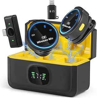 Microfone de Lapela Profissional Sem Fio com Capa de Carregamento, 2 Mini Microfones Sem Fio com Cancelamento de Ruído Inteligente, Compatível com Android e iPhone para Gravação de Vídeo