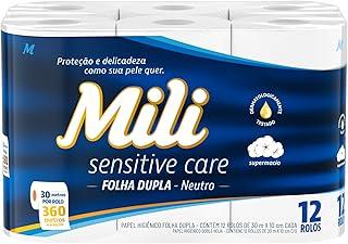 Mili Papel Higiênico Folha Dupla Sensitive Care Neutro, Picotado e Texturizado, 12 Rolos de 30 metros