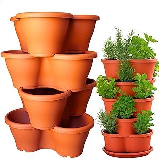 Kit 4 Vaso Treviso Terracota Empilhável Jardim Vertical 11L Borda Anti Formiga para Plantas Ornamentais, Hortas, Frutas, Temperos, Suculentas e Flores
