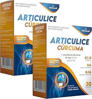 Kit 2 Articulice Curcuma com Glucosaminoglicanos Ácido Hialuronico Colageno Tipo 2 com Curcuma Colageno Nao Hidrolisado Nao Desnaturado Suplemento para Articulações Mobilidade e Flexibilidade 60 comprimidos