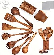 18 Peças Kit Utensílios de Cozinha, Utensilios para Cozinha de Madeira com Suporte de Talheres, Colher de Pau y Conjunto de Espatulas de Madeira, Durável e Resistente