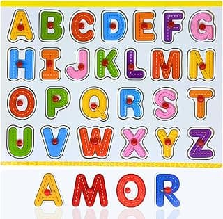 Alfabeto em Madeira Brinquedo Educativo Infantil Letras Coloridas para Aprender Palavras Coordenação Motora Fina e Reconhecimento de Cores – Tabuleiro de Encaixe ABC (Modelo 2)