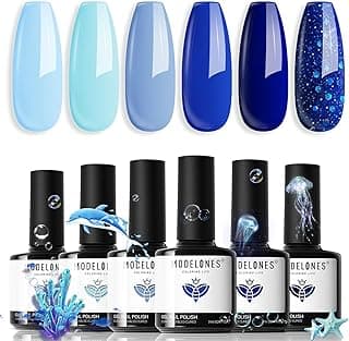 Conjunto de Esmaltes em Gel Modelones, 6 Cores Azuis, Tons Claros a Escuros, para Manicure e Arte em Unhas