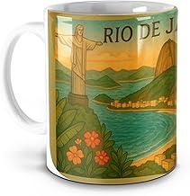 Caneca Rio de Janeiro – Arte Vintage com Cristo Redentor, Pão de Açúcar e Tucano (Branco)