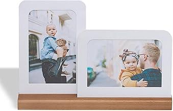 Porta Retrato Duplo, 2 fotos 10x15cm, de Metal e Madeira, branco, nogueira - GEGUTON